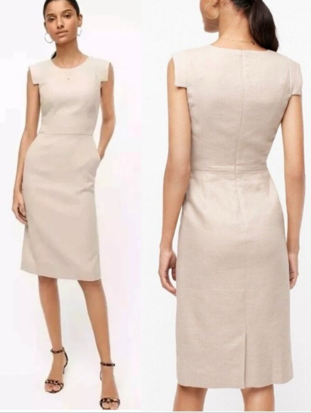 J Crew Resume dress in stretch linen sleeveless pockets L6602 Flax Beige Tan 10